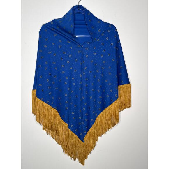 1970s Alfred Shaheen Blue Paisley Jumpsuit Set w Fringe Shawl medium - Picture 4 of 14